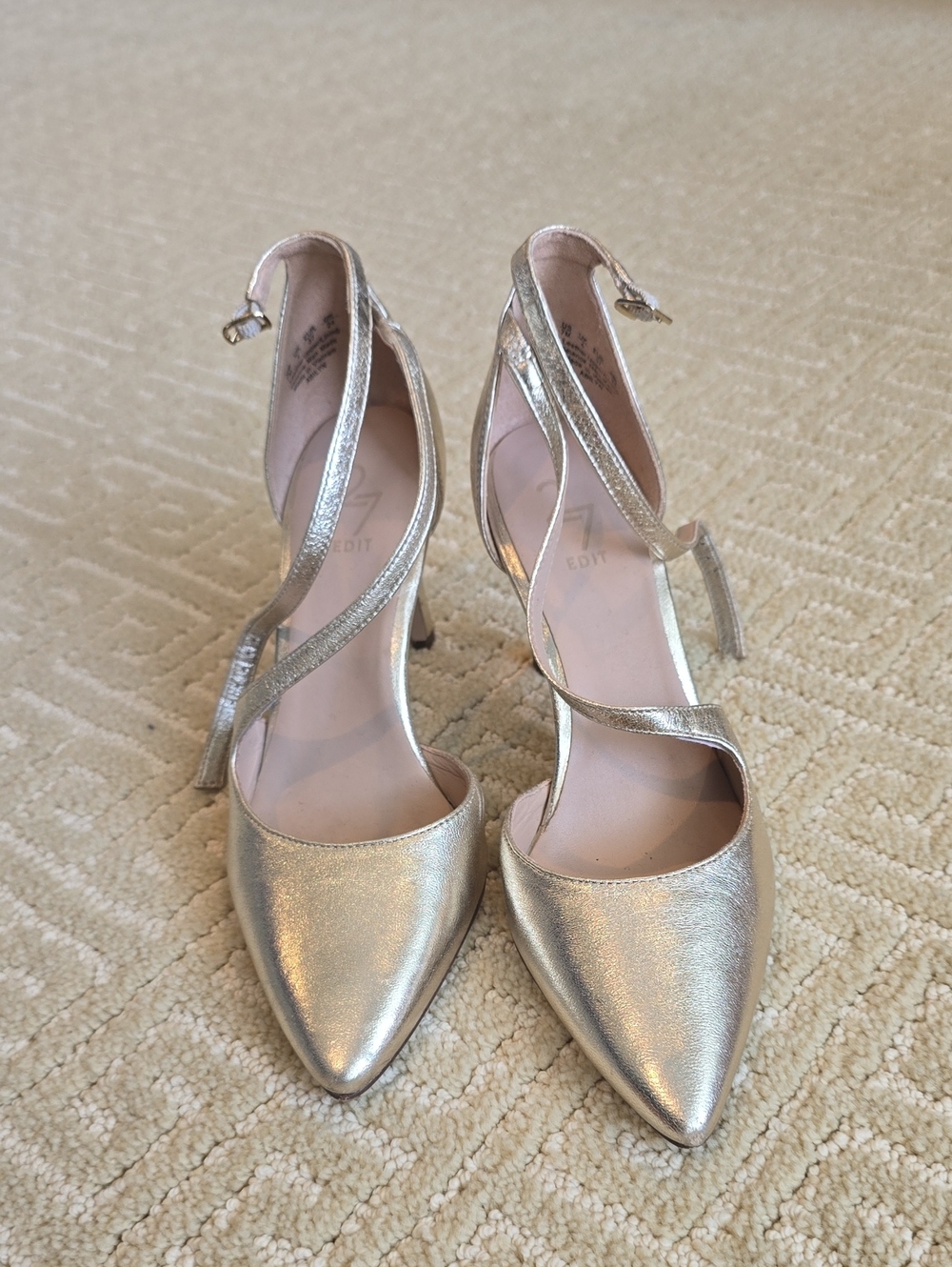 27 Edit Metallic Gold Pointed-Toe Crisscross Ankle-Strap Heels, Size 7